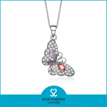 Quality Crystal Colorful Diamond Sterling Silver Butterfly Necklace