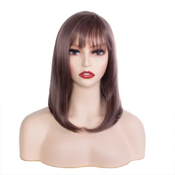 Wholesale heat resistant brown straight wave wigs with natural bangs synthetic hair wigs for women