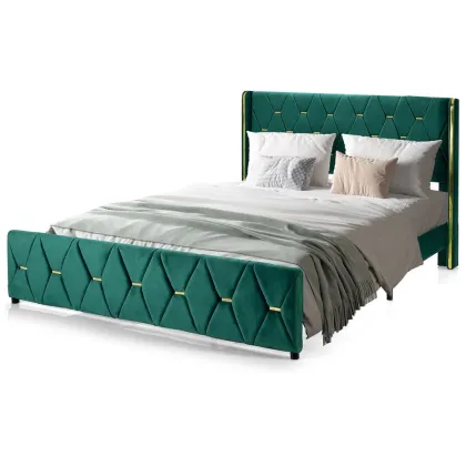 Velvet Tufted King Bed Frame - Simple Wooden Double Bed Furniture for California King Bedrooms
