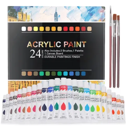 Artist Quality Acrylic Paint Set - 24 Colors Rich Pigments for Art Supplies