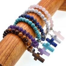 Natural Semi Precious Stone Beads Elastic Bracelet With Charms Cross Pendant