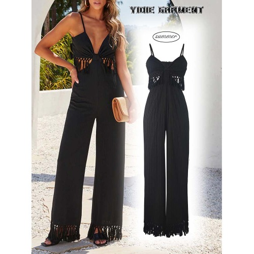 Black Tassel Fringes Open Back Wide Leg Jumpsuit