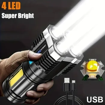 New 4LED Rechargeable Long-Range Spotlight with COB Side Light, Multifunctional Strong Flashlight and Battery LED Display