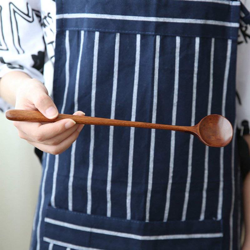 Long Spoons Wooden, 5 Pieces Korean Style 10.9 inches 100% Natural Wood Long Handle Round Spoons for Soup Cooking Mixing Stirr
