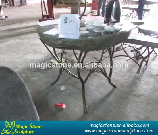 outdoor round stone top wrought iron table