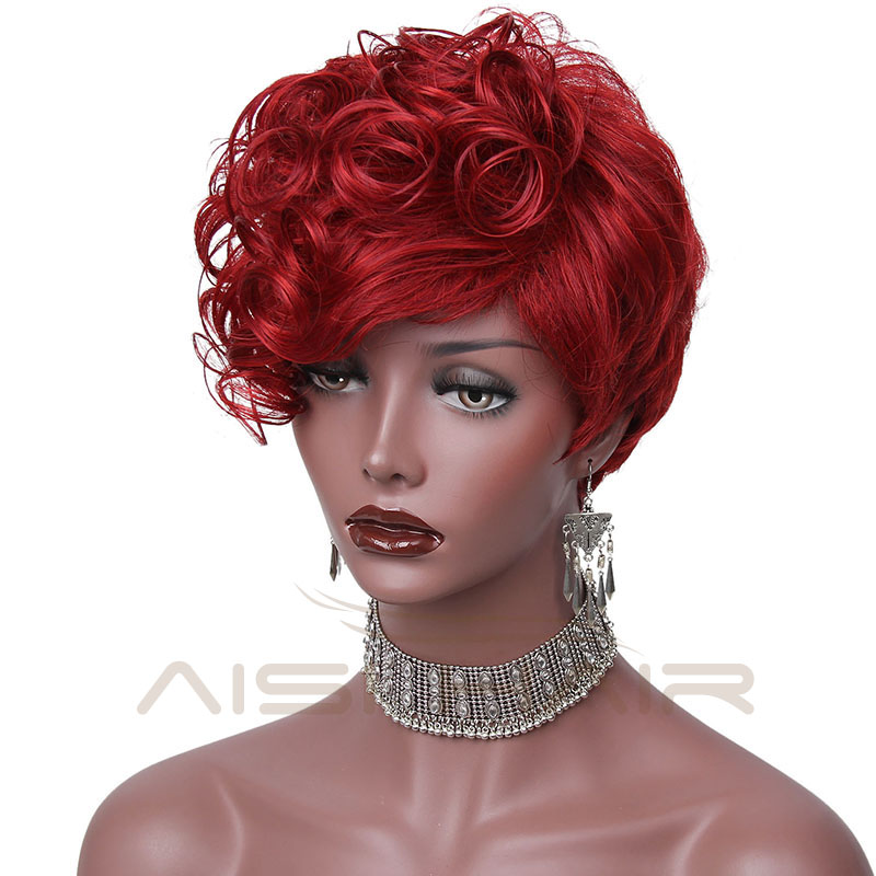The Best Selling Cosplay Short Curly Wigs For Black Women Synthetic Wine Red Color Fiber High Temperature Wig With Bangs