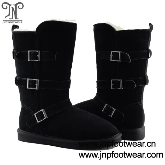Three buckle straps leather womens snow boots