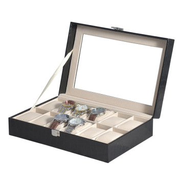 Boîte de rangement de montre 12 bits avec affichage en verre transparent, caractéristique de puits de lumière et conception de motifs de crocodile