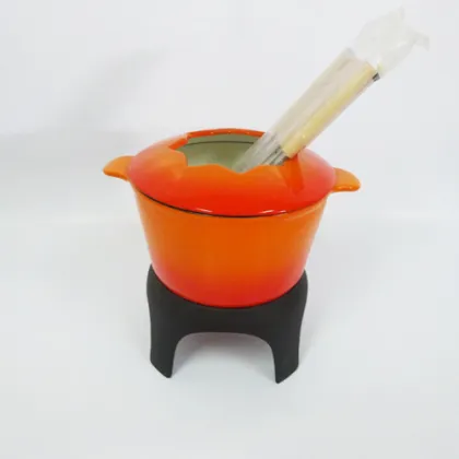 Green Enamel Cast Iron Chocolate Fondue Set