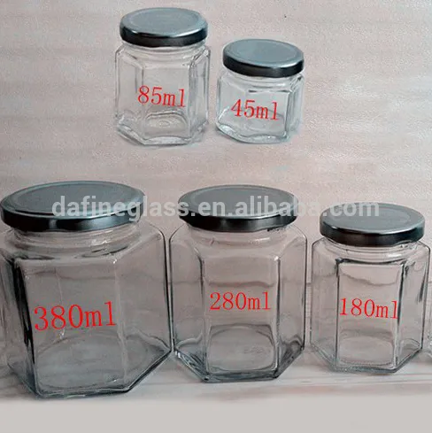 85ml/180ml/280ml/380ml hexagonal glass jam jar,honey jar,food canning jar with cap
