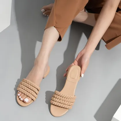 Summer One Word Woven Sandals for Women Casual Thick Heel Flat Sandals