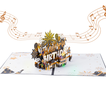 Luxury Black Gold Celebration 3D Pop Up Birthday Card with Music and Blowable Candle