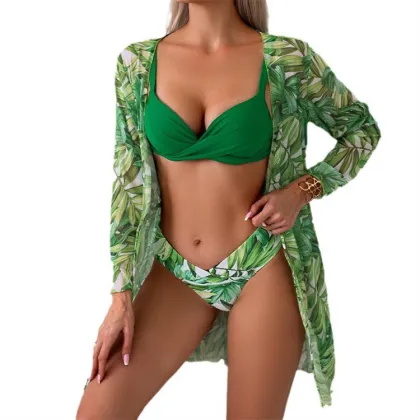 2024 Women's Three Piece Swimsuit with Long Sleeved Cover Up