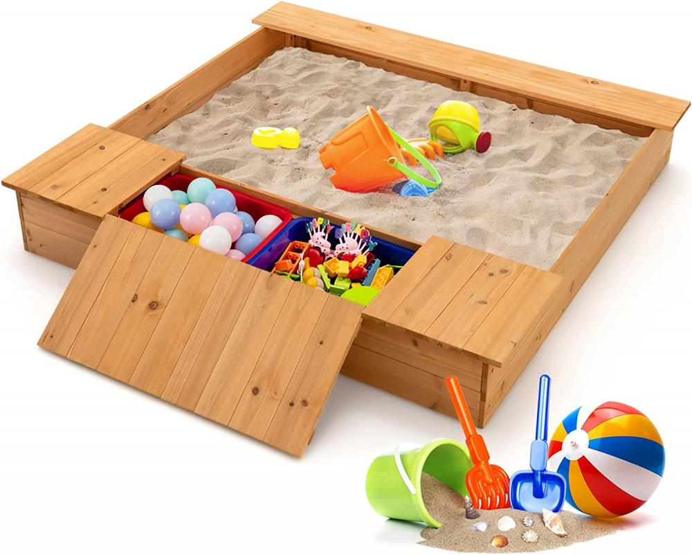 Kids Large Wooden Sandbox with Bench Seats