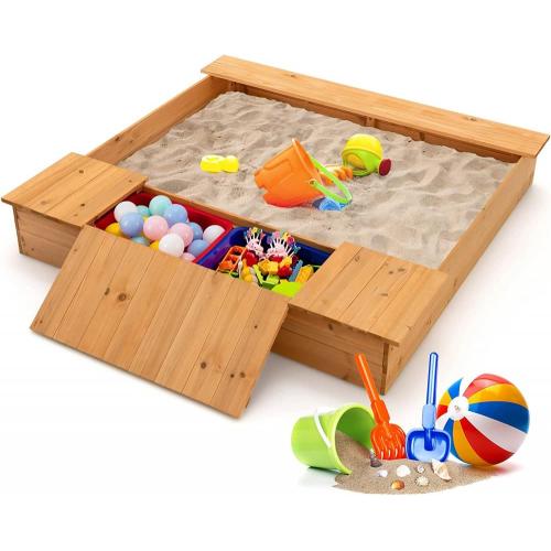 Kids Large Wooden Sandbox with Bench Seats