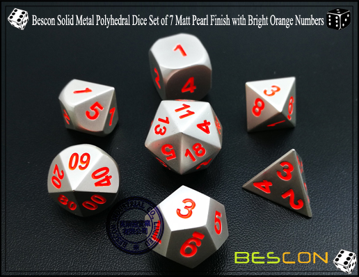 Bescon Solid Metal Polyhedral Dice Set of 7 Matt Pearl Finish with Bright Orange Numbers-1