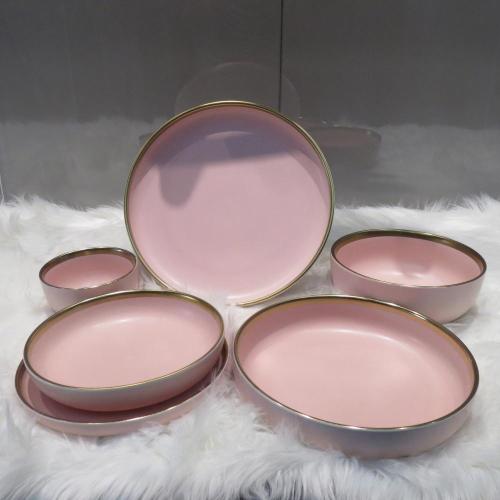 Stoneware Dinnerware Set w/Gold Rim Pink