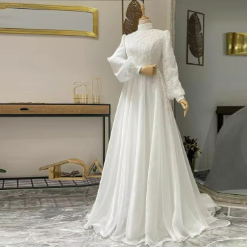 Modest High Neck Lace Wedding Dresses with Long Bubble Sleeves for Arabic and Muslim Brides