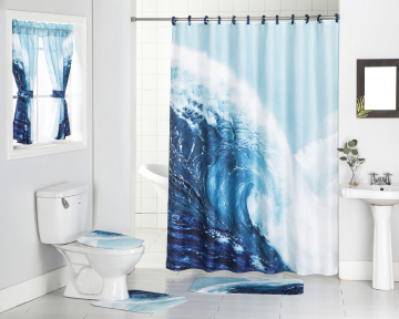 5-Piece Printed Non-Slip Bathroom Set: Curtains, Rug, Toilet Lid Cover