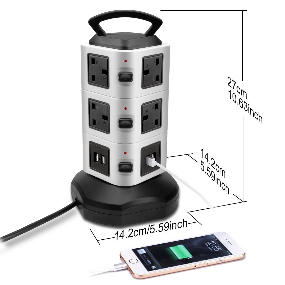 Vertical Power Strip Surge Protector Tower 2/3/4 Layer Outlet UK Electric Plug Socket USB Charger 3m Extention Cord Office Home