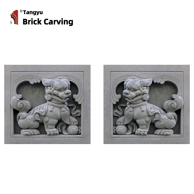 A pair of brick carved lion and foo dog