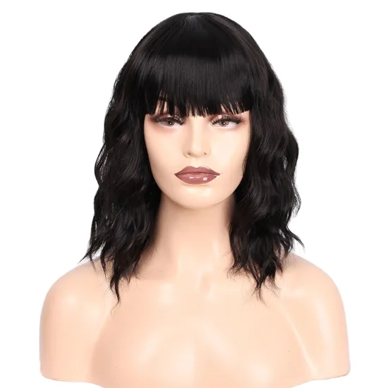 Hot Cheap Synthetic With Neat Bangs Short Curly Wave Wigs Wholesale Black Bob Wigs For Black Women
