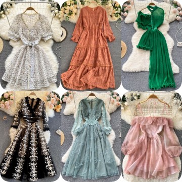 Factory Wholesale Spring and Summer Elegant High Waist Wide Sleeve French Court Style Long Skirt Dress