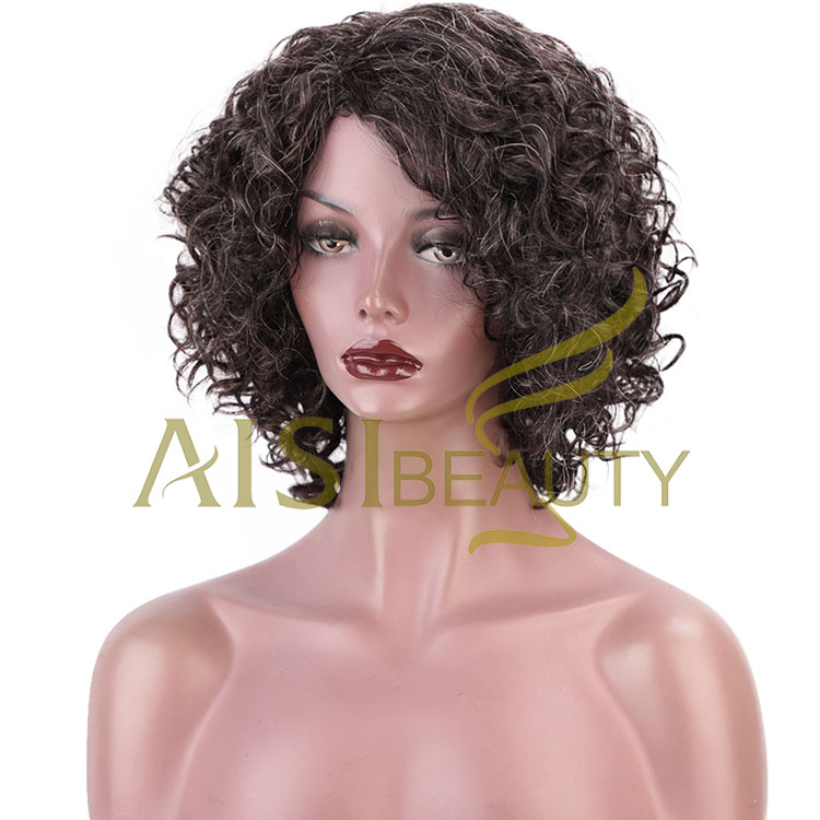 Aisi Beauty Human Hair Short Bob Custom Women  Brazilian Human Hair Afro Curly Wave Mixed Brown Gray Wig