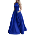 Frauen lang Perlenhalter Satin Prom Kleid