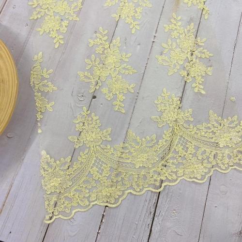 Pale Yellow Cord Embroidery On Poly Mesh Fabrics