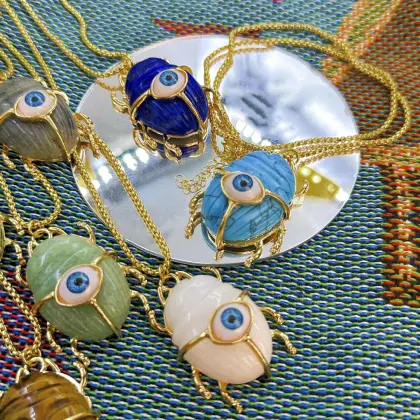 Yellow Tiger Eye Stone Golden Beetle Eye Pendant Necklace 45CM Chain