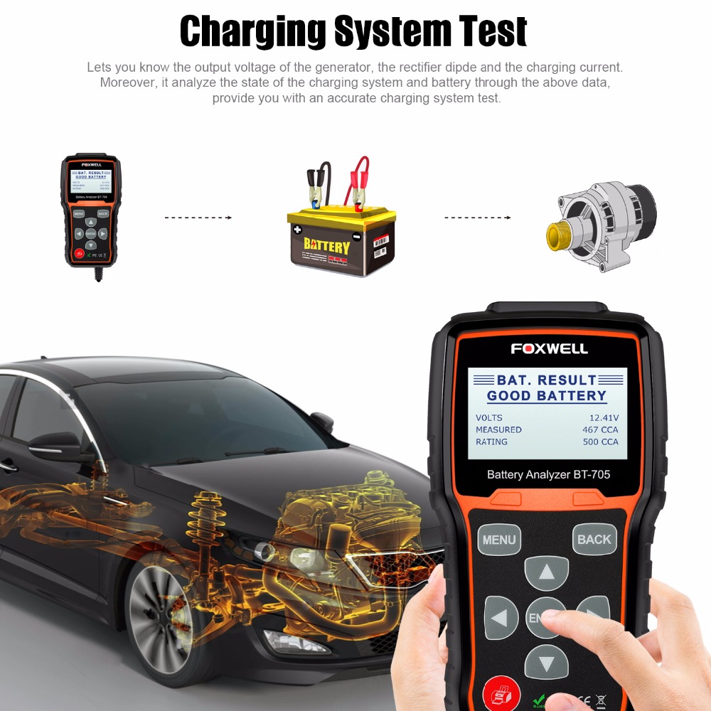 FOXWELL BT705 12V 24V Battery Tester 100-2000 CCA Charging System for Cars Heavy Duty Trucks Flooded AGM GEL Battery Analyzer