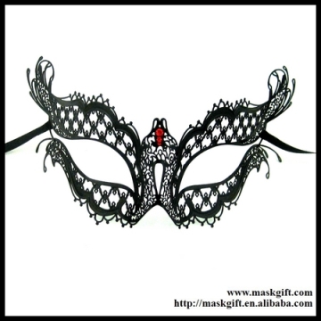 Hot Sell Luxury Black Metal Laser Cut Face Venetian Masquerade Mask With Red Rhinestone MB002-RBK