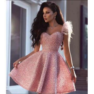 Pink Feathers Short Evening Prom Dresses 2020 Sweetheart Full Beads Pearls Mini Cocktail Dresses Formal Graduation Party Gowns