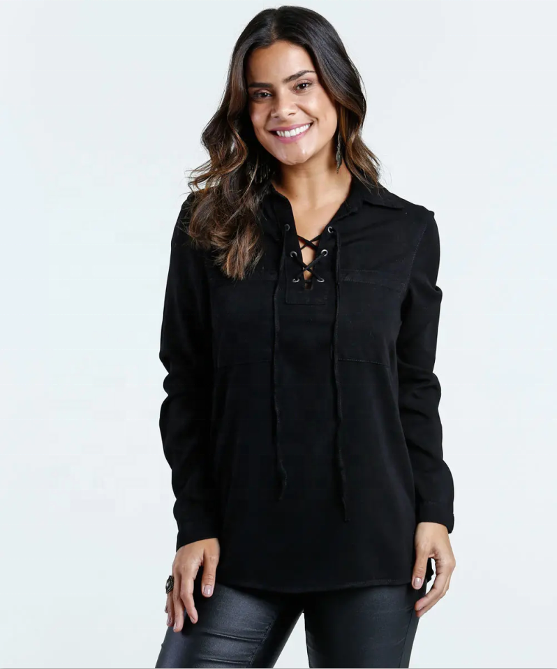 Crisscross V Neck Loose Fit Solid Long Sleeve