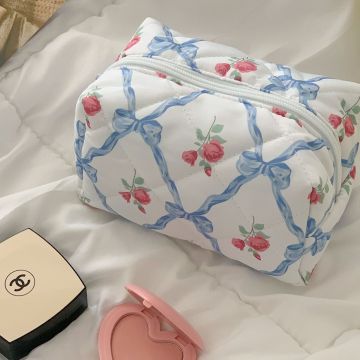 Portable Bow Rose Cosmetic Bag for Women - Travel Storage Clutch Makeup Pouch