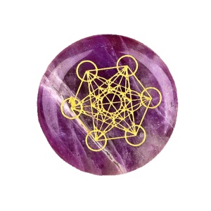 Amethyst 25MM Circular Disc Mat Handmade Craved Pattern-Metatron's Cube For Home Decor