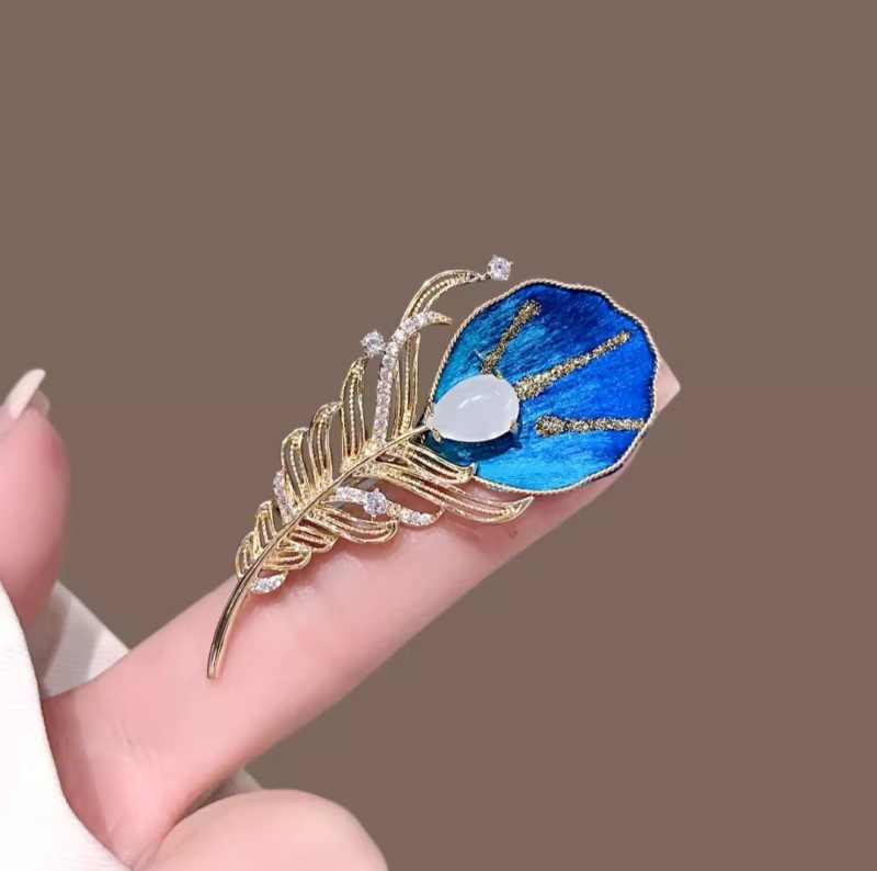 Blue feather velvet flower brooch