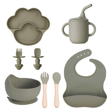 8-Piece Food Grade Baby Silicone Tableware Bear's Paw Plate Set