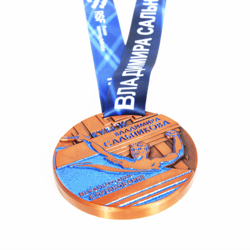 Medalla de natación de metal con esmalte de brillo azul