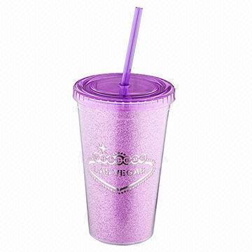 Plastic double-wall tumbler with straw