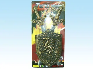 2 BRONZE-COLOURED SWORDS + SHIELD toy