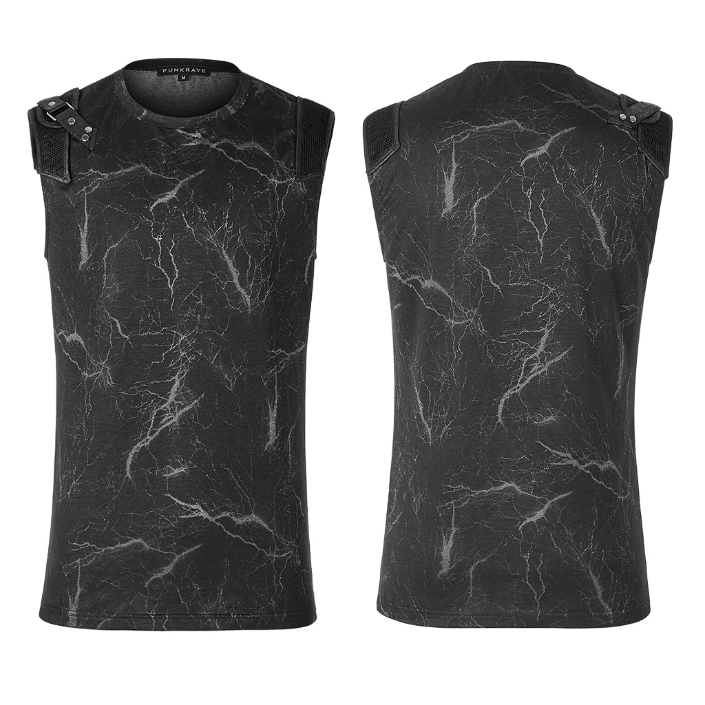 PUNK RAVE Men's Punk Lightning Sleeveless Vest Twill Printed Knit Personality Slim Fit Men Tank Tops Tees