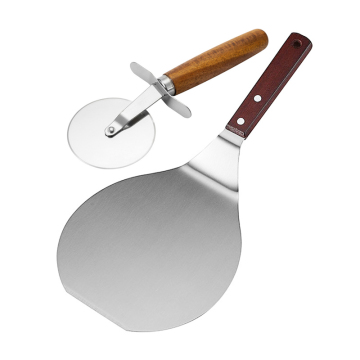 Pizza Cutter Rocker و Turner Peel Set - 2pcs من الفولاذ المقاوم للصدأ مع مقبض خشبي
