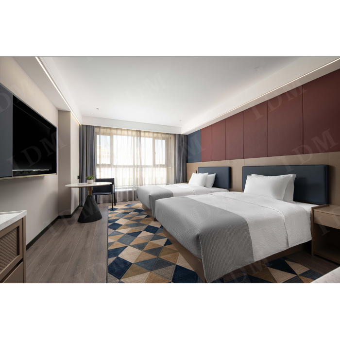 Conjunto de móveis de quarto do hotel de tamanho duplo.