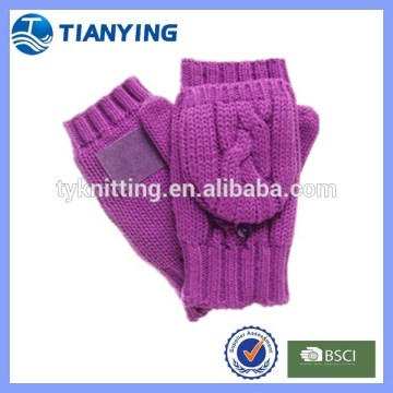 female acrylic fingerless cable knitted gloves with flap