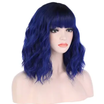 Navy Blue Wig with Flat Bangs 14" Synthetic Natural Hair Heat Resistant Fiber Cosplay Wig for Women Color Ombre Wig