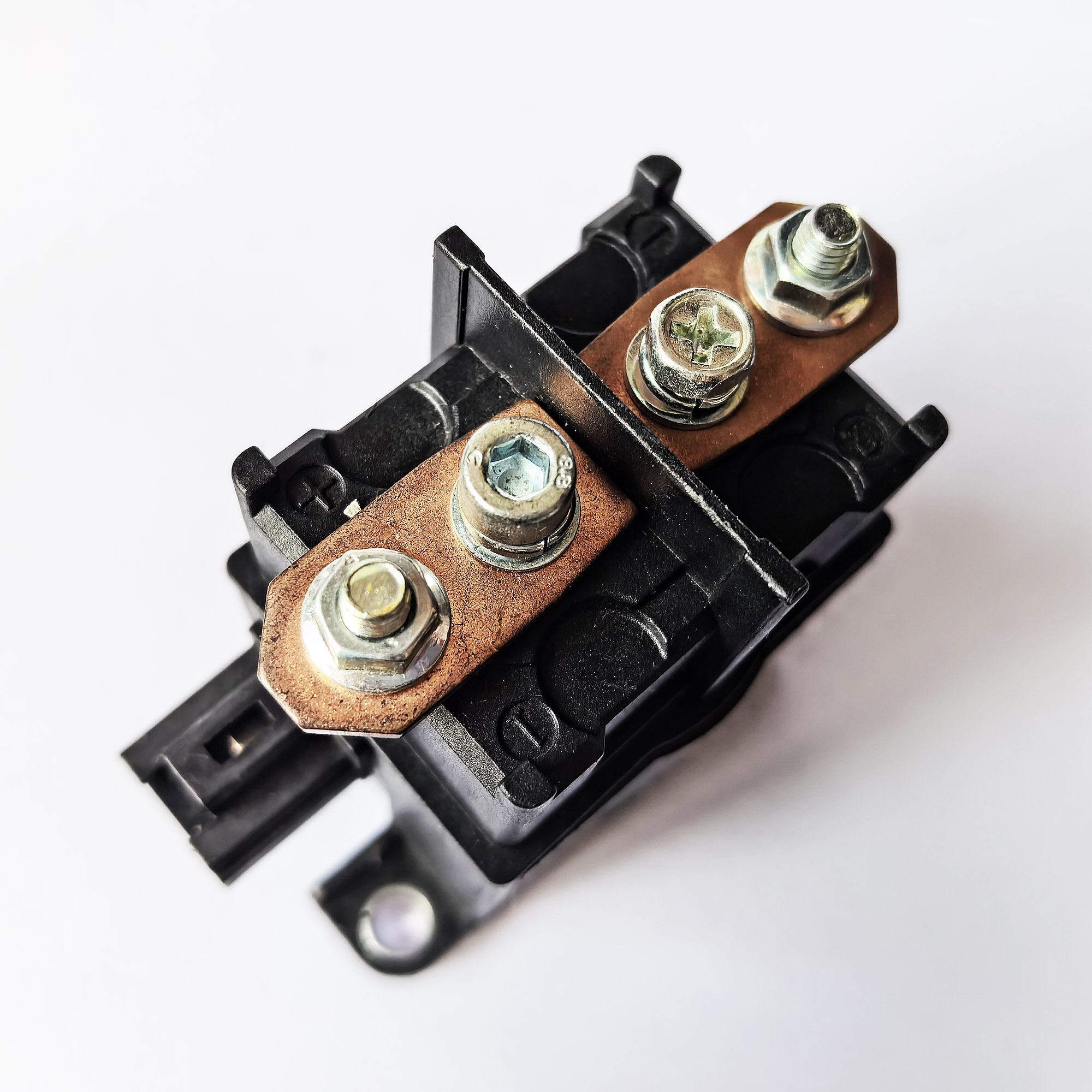 Side view of a JCQ series contactor showing heavy-duty terminals and robust mounting bracket.