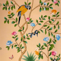 Flower and bird Pink hand-painted wallpaper