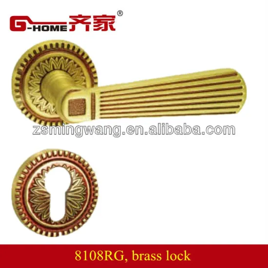 Euro style brass handle lock on rosette with decorative pattern